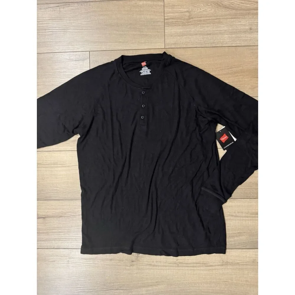 Hanes Men's Large L Black Long Sleeve Henley Pajama Lounge Tee NWT Ribbed Modal - Picture 6 of 7